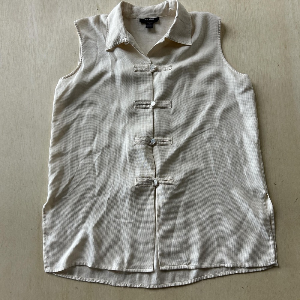 Silk House Blouse Womens Medium White Silk Collared Button Front Sleeveless Top